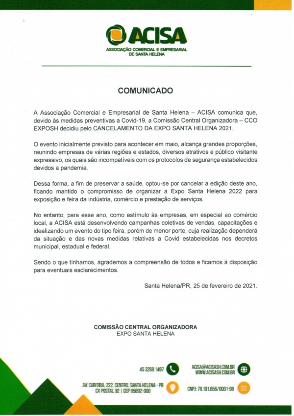 Comissão decide pelo cancelamento da Expo Santa Helena 2021